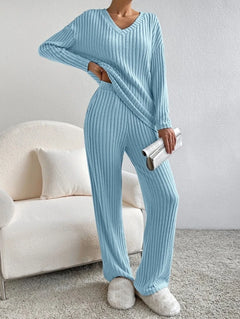 Light blue ribbed knit lounge set with V-neck top and wide-leg pants, cozy home wear