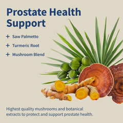 Prostate health support with saw palmetto, turmeric root, and mushroom blend for natural wellness