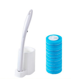 White toilet brush with holder and blue refill pads for bathroom cleaning