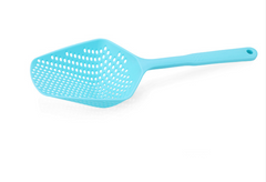 Light blue plastic colander with perforated design and long handle for kitchen use