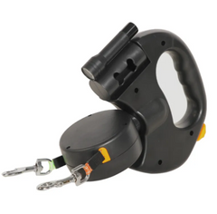 Black retractable dog leash with dual clips and ergonomic handle for walking pets