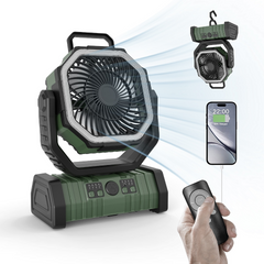 Portable outdoor fan with remote control, USB charging, and hanging hook for camping or home use