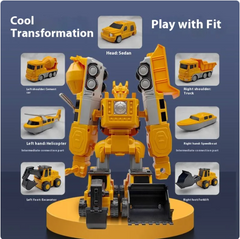 Transforming robot toy with car, truck, helicopter, and excavator parts for kids' play