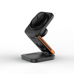 Black 15W fast wireless charger with orange accents for phones and watches