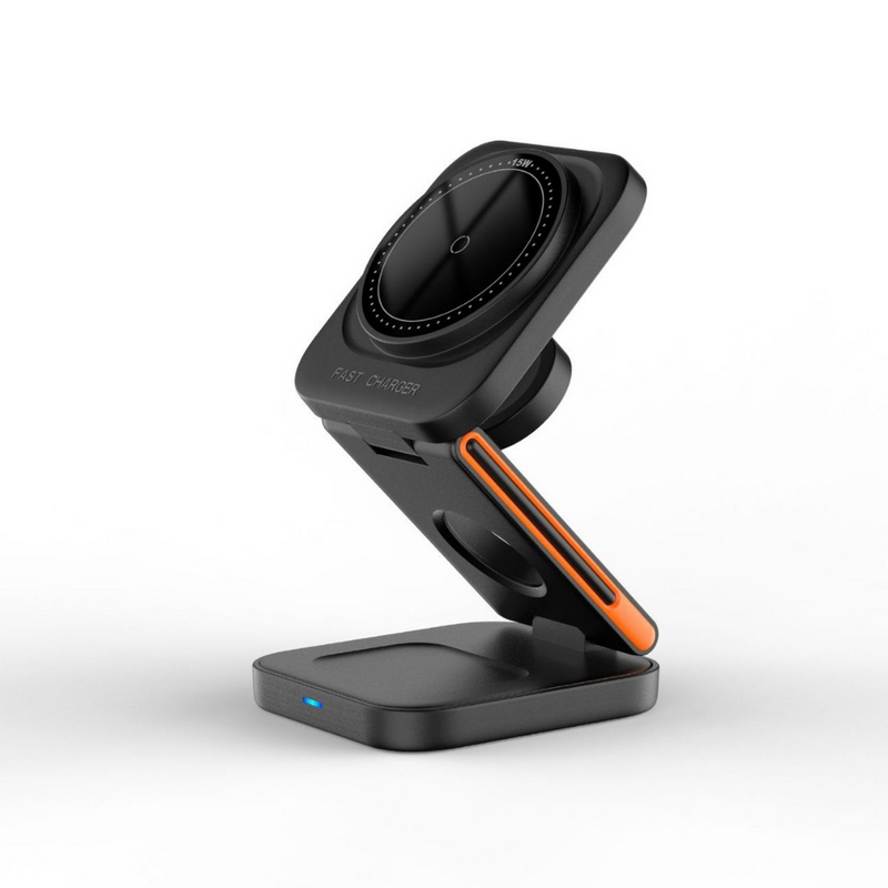 Black 15W fast wireless charger with orange accent, ideal gift for tech lovers