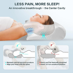 Ergonomic memory foam pillow with center cavity for neck pain relief and spine alignment during sleep