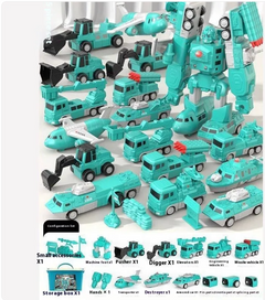 Teal robot transformer toy set with vehicles, diggers, planes, and accessories for kids’ play