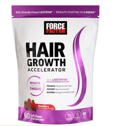 Force Factor Hair Growth Accelerator soft chews with Lustriva, mixed berry flavor, promotes thicker fuller hair