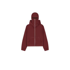 Burgundy zip-up hoodie with full face mask, cozy gift for family