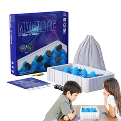 Kids playing magnetic board game with blue terrain, black stones, and storage bag – fun family gift