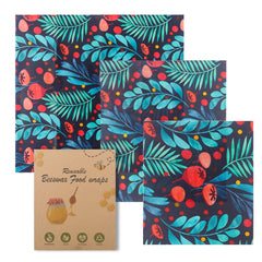 Reusable beeswax food wraps with tropical leaf and berry print, eco-friendly kitchen gift set