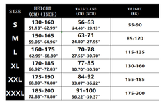 Size chart for clothing with height, waistline, and weight measurements for S to XXXL sizes