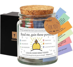 Color-coded Bible verse jar with inspirational quotes, cork lid, and gift tag for spiritual encouragement