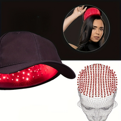 Red LED light therapy cap for hair growth with glowing dots and wireframe head diagram
