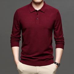 Men's burgundy long-sleeve polo shirt with ribbed cuffs and collar, ideal for casual or smart-casual wear.