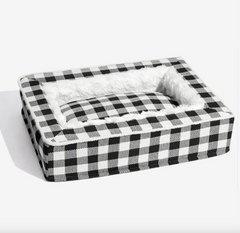 Black and white buffalo check pet bed with plush lining, cozy gift for dogs or cats