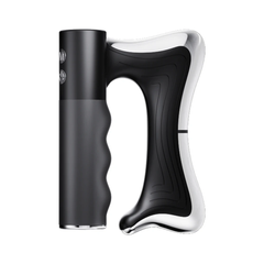 Black and silver handheld massager with ergonomic grip and control buttons