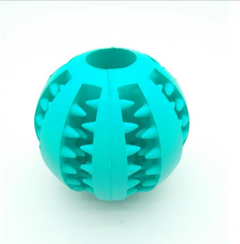 Teal rubber dog chew toy with textured spikes and hollow center for interactive play