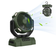Portable green camping fan with LED lights, rechargeable, for outdoor use and home cooling