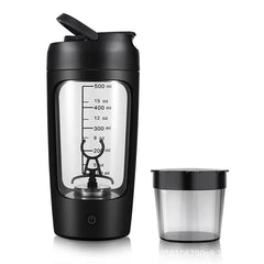 Black portable protein shaker with measurement markings and detachable compartment, ideal for fitness gifts