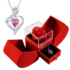 Pink heart pendant necklace with rose gift box, perfect for Valentine's Day or romantic gifts