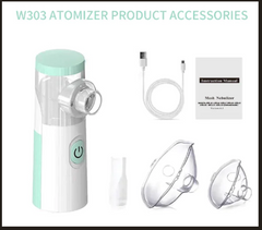 W303 atomizer with USB cable, mesh nebulizer masks, and instruction manual for home use