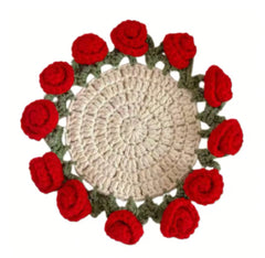 Handcrafted crochet doily with red rose accents, perfect for home decor or gifting