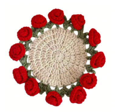 Handcrafted crochet doily with red rose accents, perfect for home decor or gifting