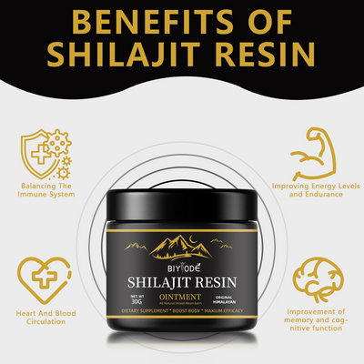 Shilajit Resin Ointment jar with benefits: immune support, energy, circulation, cognitive function