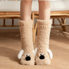 Cozy beige fuzzy dog-face slippers for women, perfect family gift