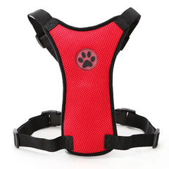Red mesh dog harness with black straps and paw print emblem, ideal pet gift