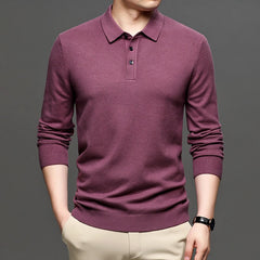Men's long sleeve purple knit polo shirt with ribbed cuffs and collar, ideal for casual or gift occasions