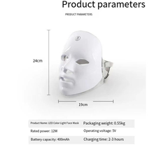 White LED color light face mask with 24cm height, 19cm width, 12W power, 400mAh battery for skincare therapy