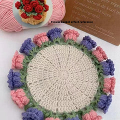 Handmade crochet coaster with pink and purple rose flowers, perfect gift for home decor