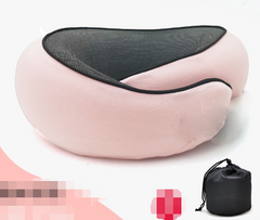 Pink memory foam travel neck pillow with black mesh cover and carry bag
