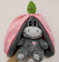 Gray plush dinosaur in pink strawberry hood, cute gift for kids and families