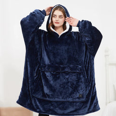 Cozy navy blue hooded blanket with front pocket, perfect for lounging or gifting