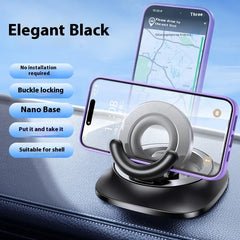 Elegant black car phone mount with nano base, buckle locking, no installation needed, fits phone shells