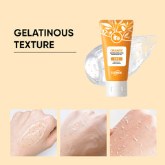 Orange enzyme exfoliating gel with gelatinous texture, gentle brightening for face and body