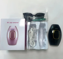 IPL hair removal device with charging cable, protective glasses, and packaging for at-home use