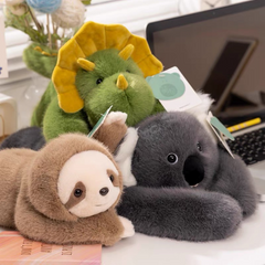 Cute plush sloth, koala, and dinosaur toys for kids' gifts, soft stuffed animals on desk