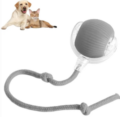 Gray pet toy ball with rope for dogs and cats, interactive chew and tug play