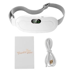 White eye massager with digital display, USB cable, and thank you card for relaxation gifts