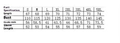 Size chart for clothing with measurements for S to 5XL, including bust, shoulder width, and sleeve length