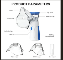 Portable nebulizer with adult & child masks, bite mouthpiece, and labeled parts for easy use