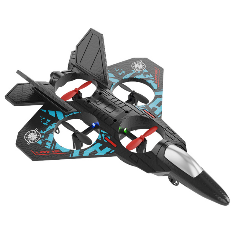 Black and blue RC jet drone with red propellers, kids' flying toy gift