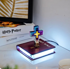 Glowing Bible night light with colorful cross, perfect Christian gift for home decor