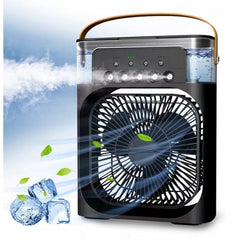 Portable evaporative air cooler with mist, ice cubes, and leaf graphics for home or office cooling