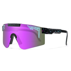 Purple mirrored shield sunglasses with black speckled frame, stylish unisex eyewear for gifts