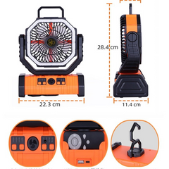 Portable orange and black fan with dimensions, USB port, and handle for outdoor use